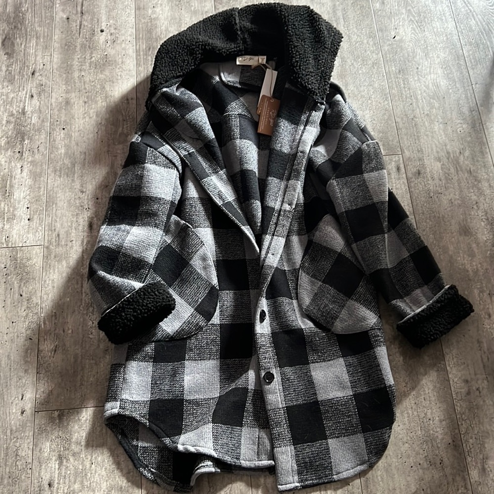 RD style hooded shacket, black and grey plaid